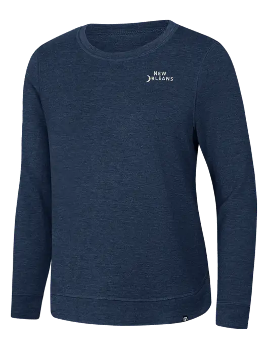TravisMathew Womens Dark Slate Blue Heather Lightweight Long Weekend Crew w/Moon Logo