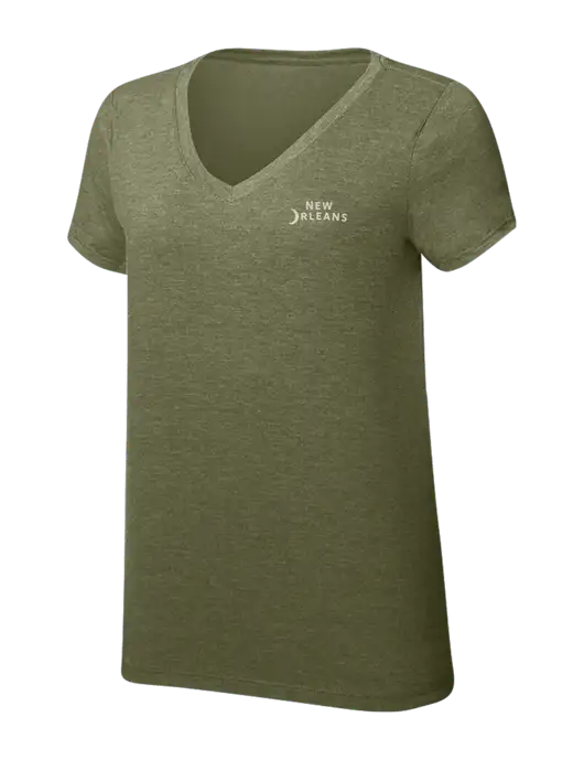 Womens Simply Soft V-Neck Military Green Frost 4.5oz  Poly/Combed Ring Spun Cotton T-Shirt w/Moon Logo