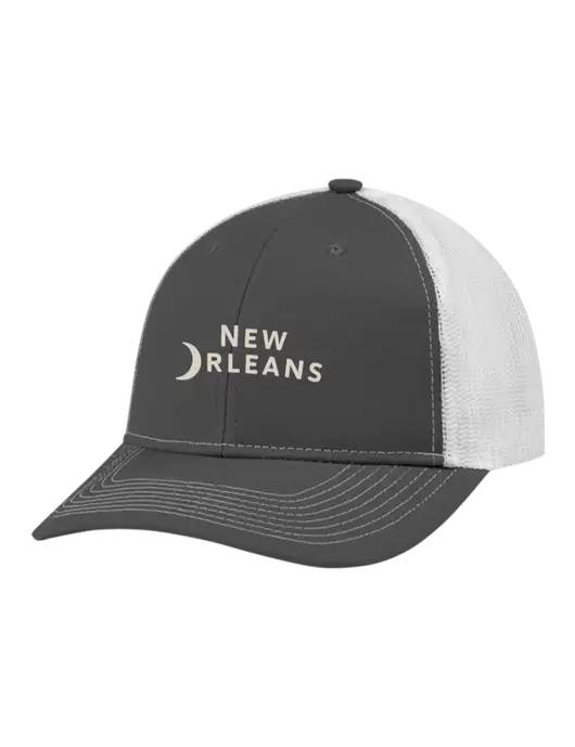 Snapback Ponytail Trucker Cap Dark Grey w/White Mesh w/Moon Logo