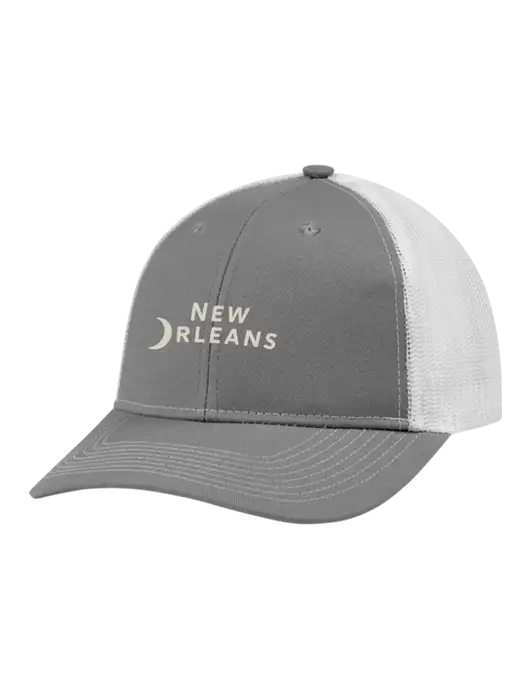 Snapback Ponytail Trucker Cap Light Medium Heather Grey w/White Mesh w/Moon Logo
