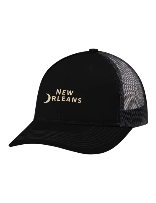 Snapback Ponytail Trucker Cap Black w/Black Mesh w/Moon Logo