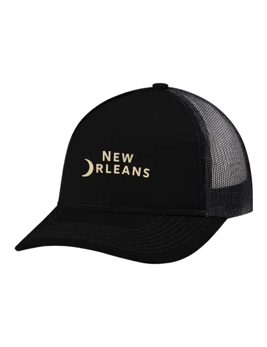 Snapback Ponytail Trucker Cap Black w/Black Mesh w/Moon Logo