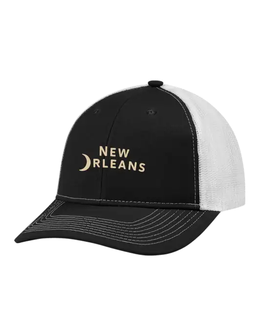Snapback Ponytail Trucker Cap Black w/White Mesh w/Moon Logo