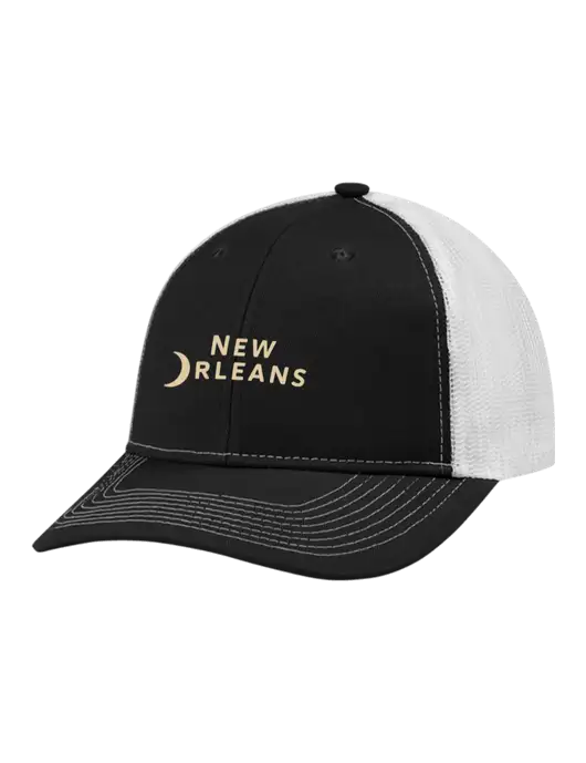 Snapback Ponytail Trucker Cap Black w/White Mesh w/Moon Logo