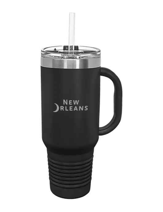 Polar Camel 40 oz. Powder Coated Vacuum Insulated Black Travel Mug with Straw w/Moon Logo