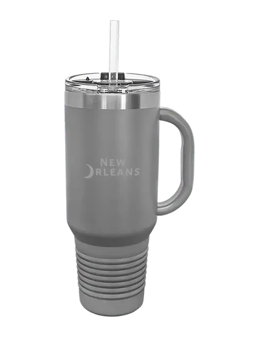 Polar Camel 40 oz. Powder Coated Vacuum Insulated Grey Travel Mug with Straw w/Moon Logo