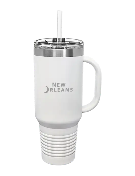 Polar Camel 40 oz. Powder Coated Vacuum Insulated White Travel Mug with Straw w/Moon Logo