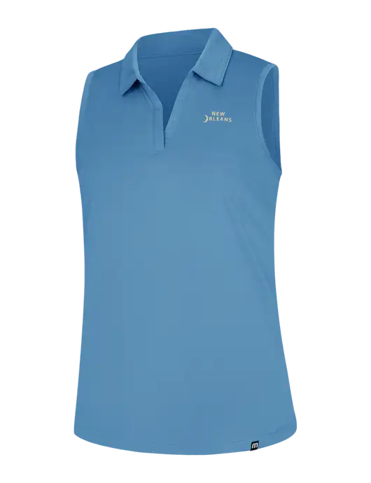 TravisMathew Womens Light Blue Heather Coto Performance Sleeveless Polo w/Moon Logo
