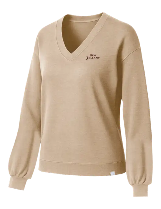 TravisMathew Womens Long Weekend Tan Heather V-Neck
 w/Moon Logo