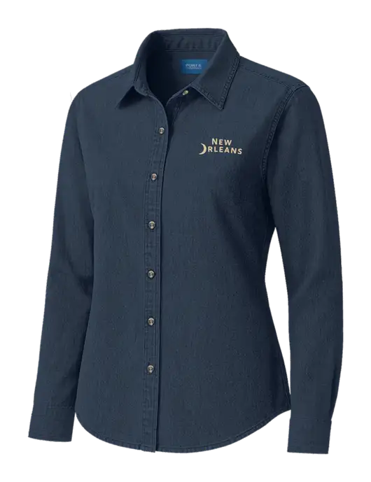 Womens Long Sleeve Light Navy Denim Shirt
 w/Moon Logo