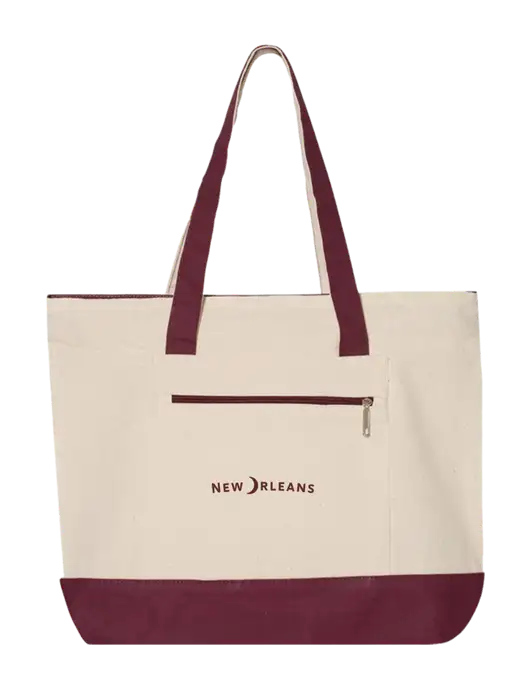 Natural/Maroon Zippered Tote  w/Moon Logo