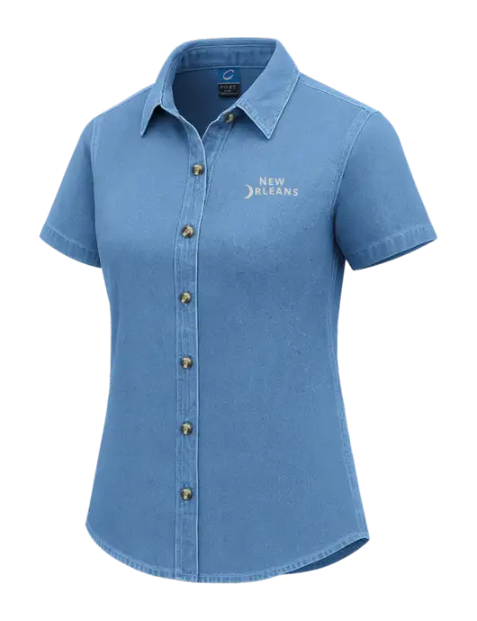 Womens Short Sleeve Light Blue Denim Shirt w/Moon Logo