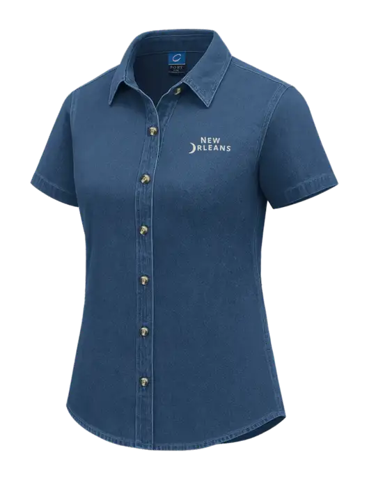 Womens Short Sleeve Light Navy Denim Shirt w/Moon Logo